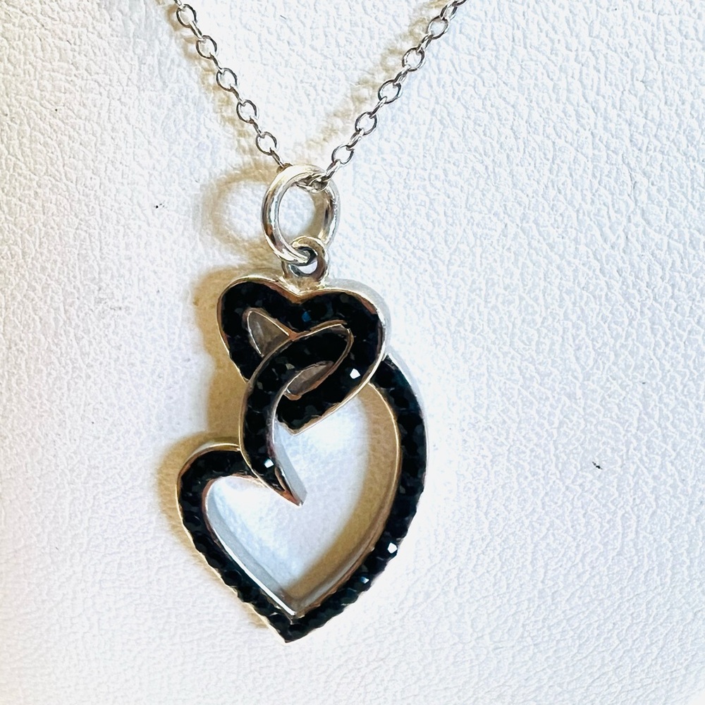 sterling silver double open hearts necklace adorned with black stones 18”